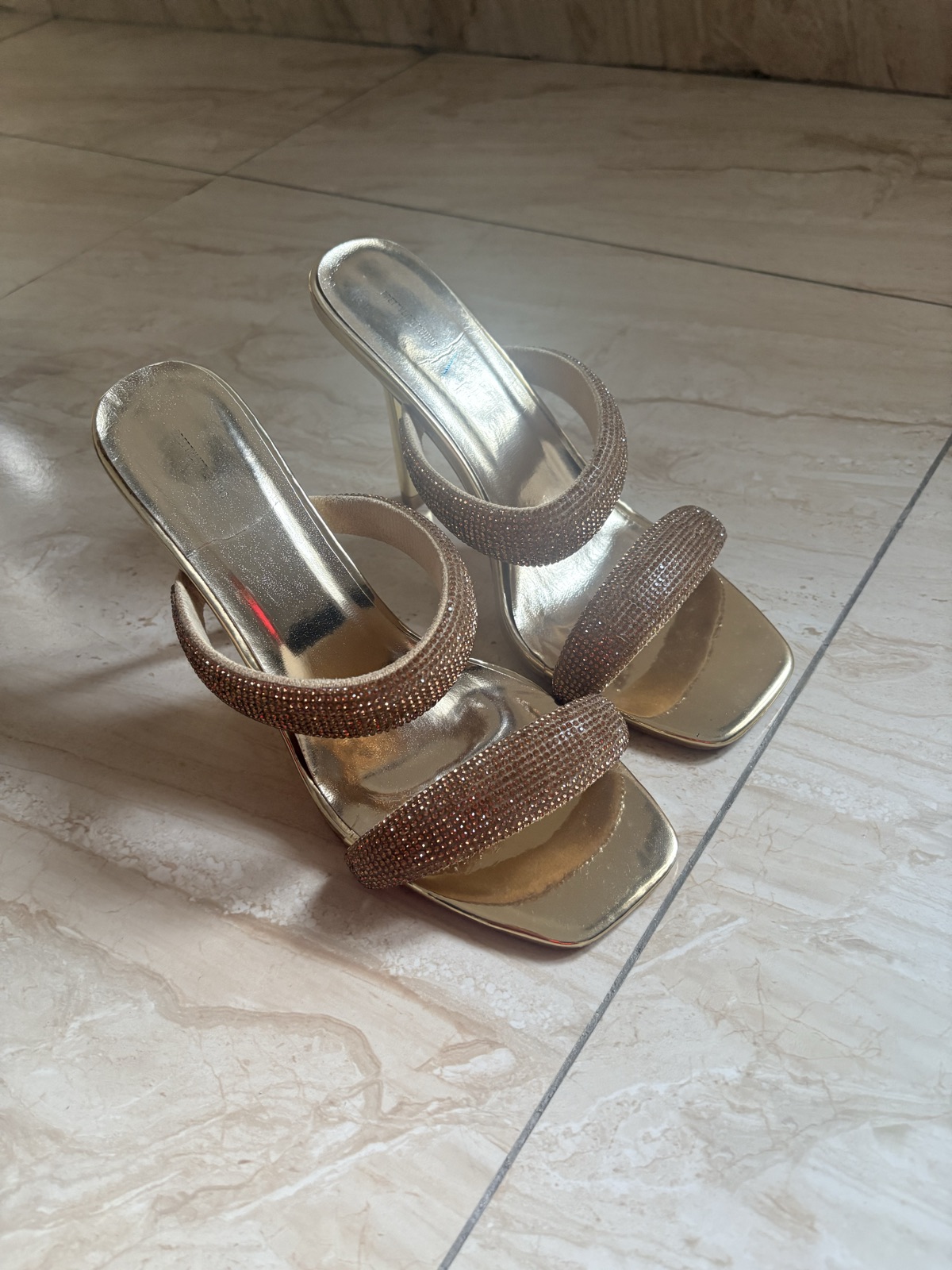 Gold Embellished Square Toe Heeled Sandals