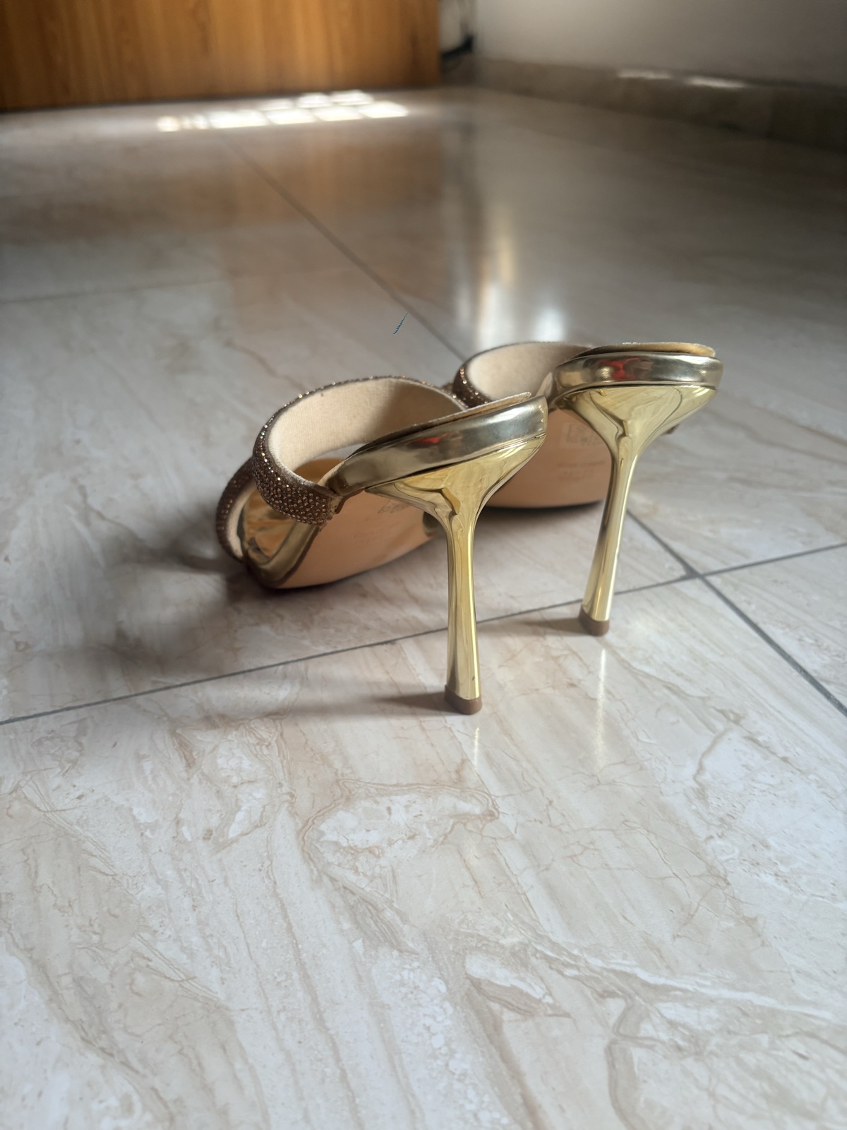 Gold Embellished Square Toe Heeled Sandals