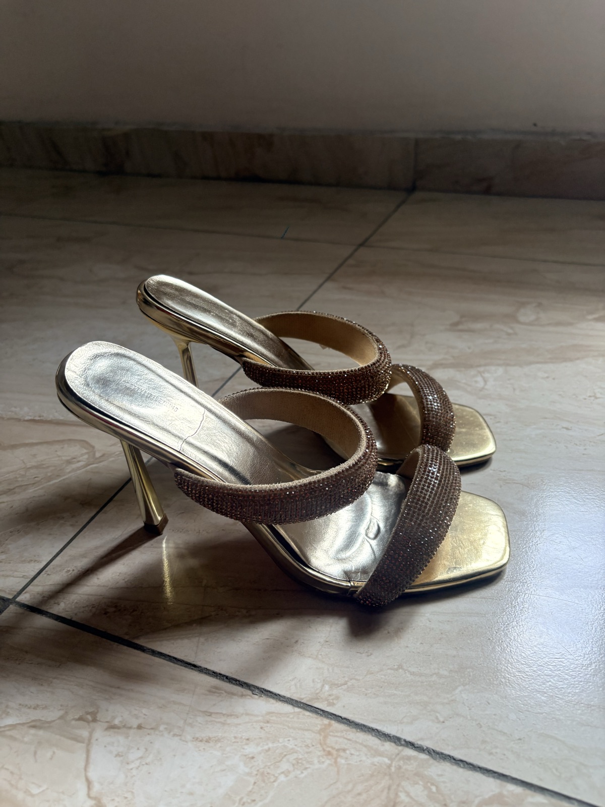 Gold Embellished Square Toe Heeled Sandals