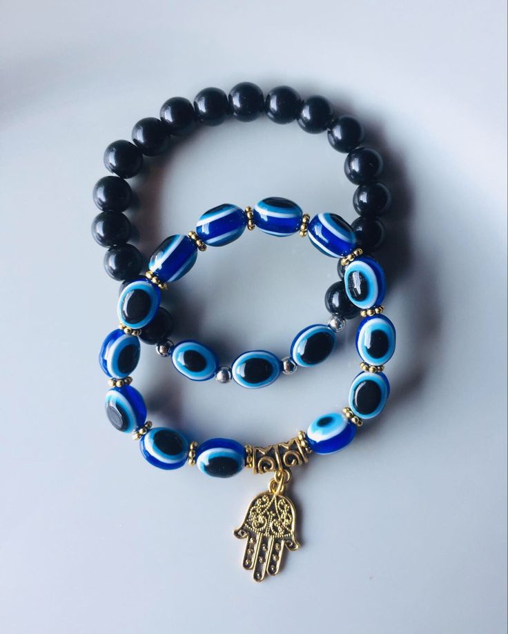 Handmade Black Beads Bracelet with Blue Eye Charm