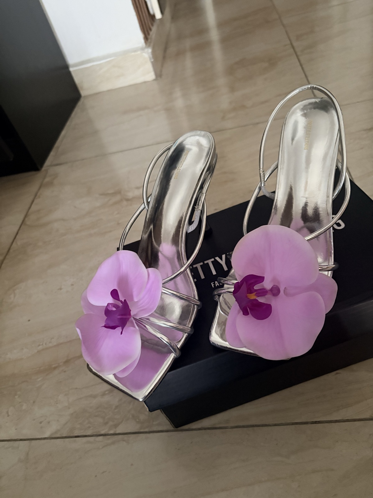 Silver Strappy Heeled Sandals with Orchid Detail