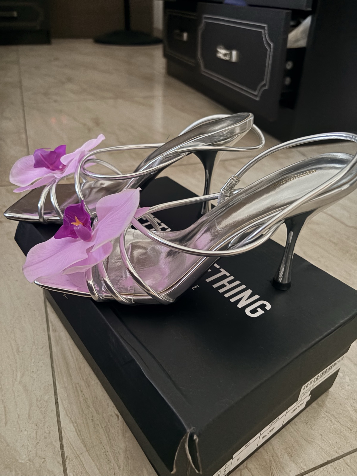 Silver Strappy Heeled Sandals with Orchid Detail