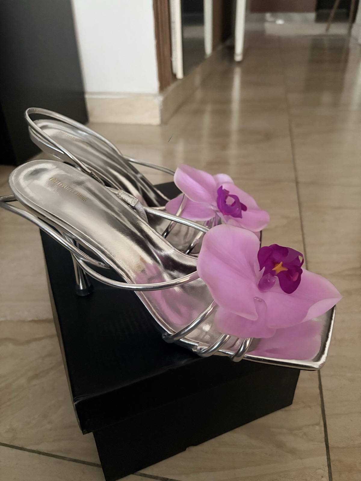 Silver Strappy Heeled Sandals with Orchid Detail