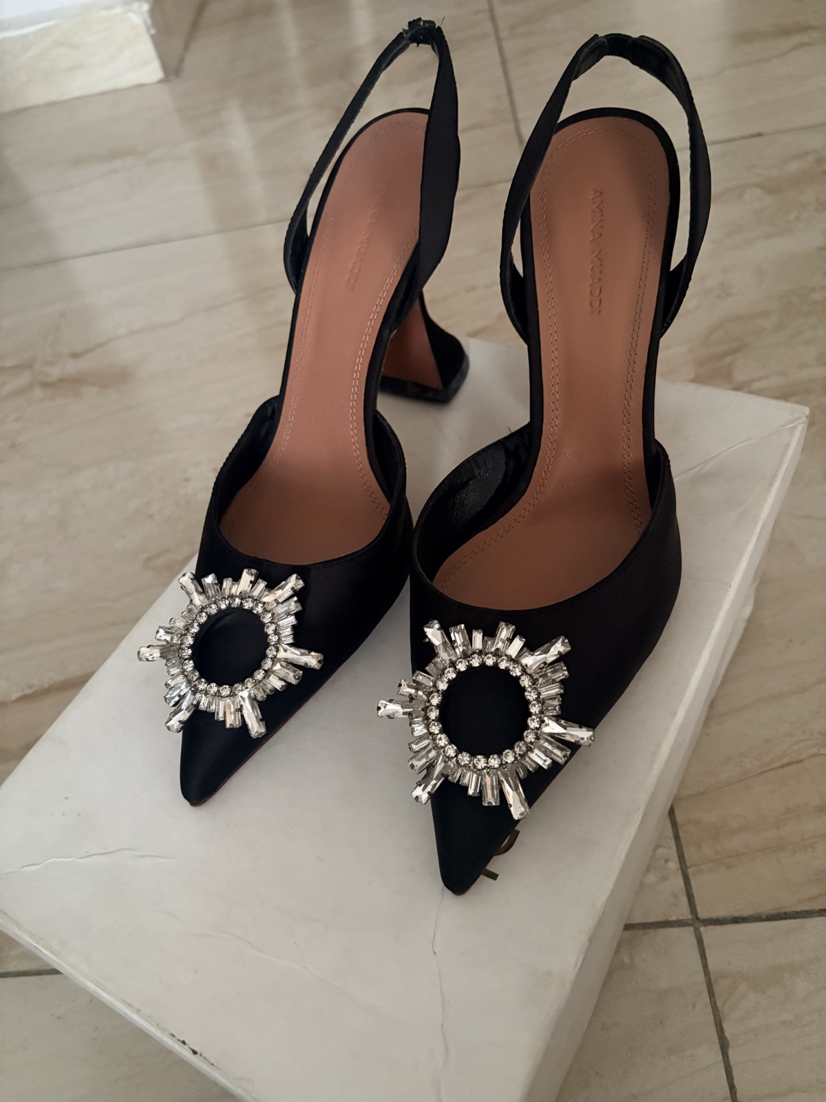 Women's Black Crystal Embellished Slingback Heels