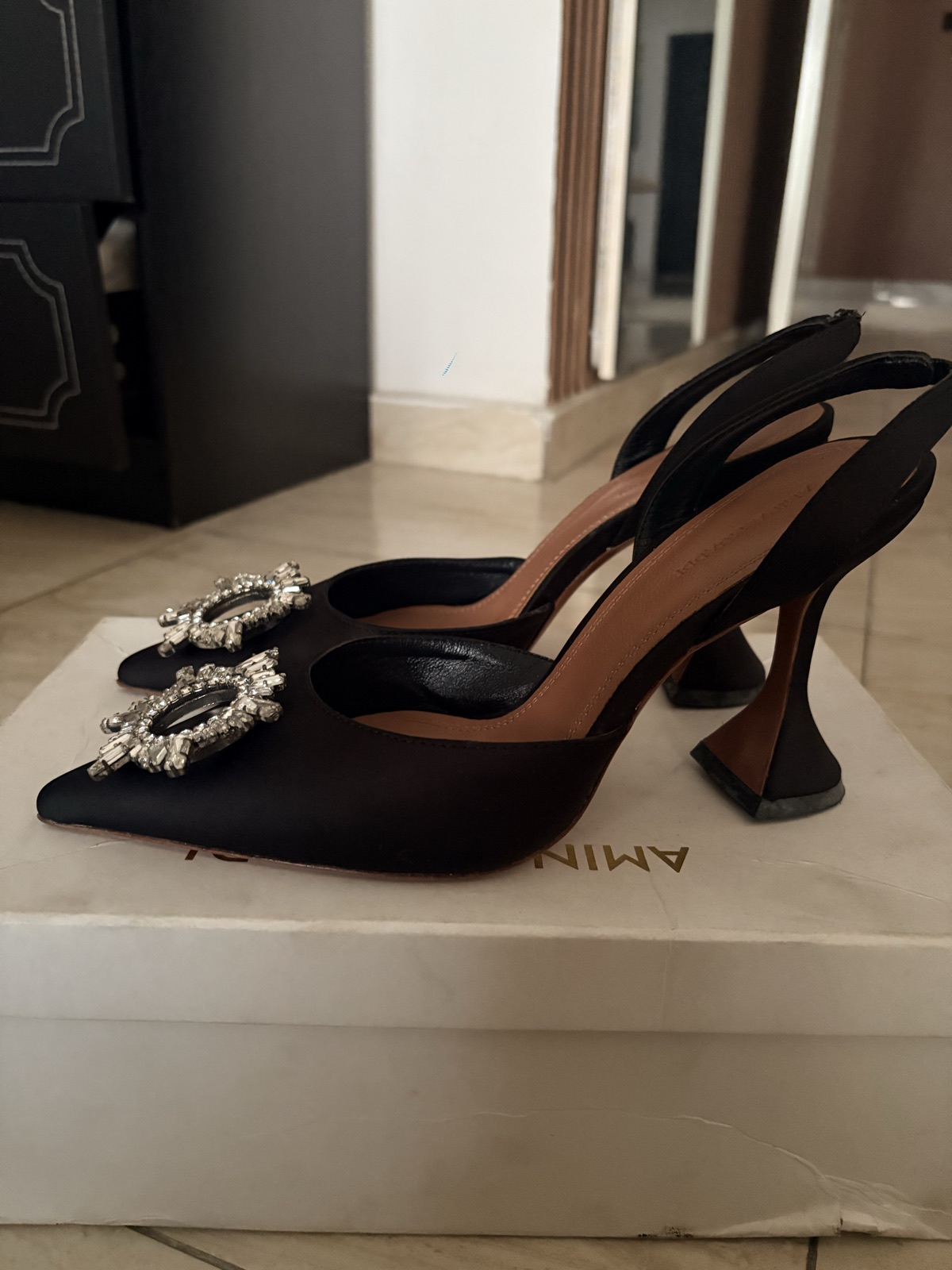 Women's Black Crystal Embellished Slingback Heels