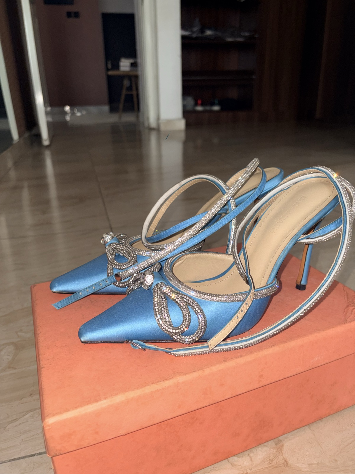 Blue Satin Crystal Embellished Stiletto Heels