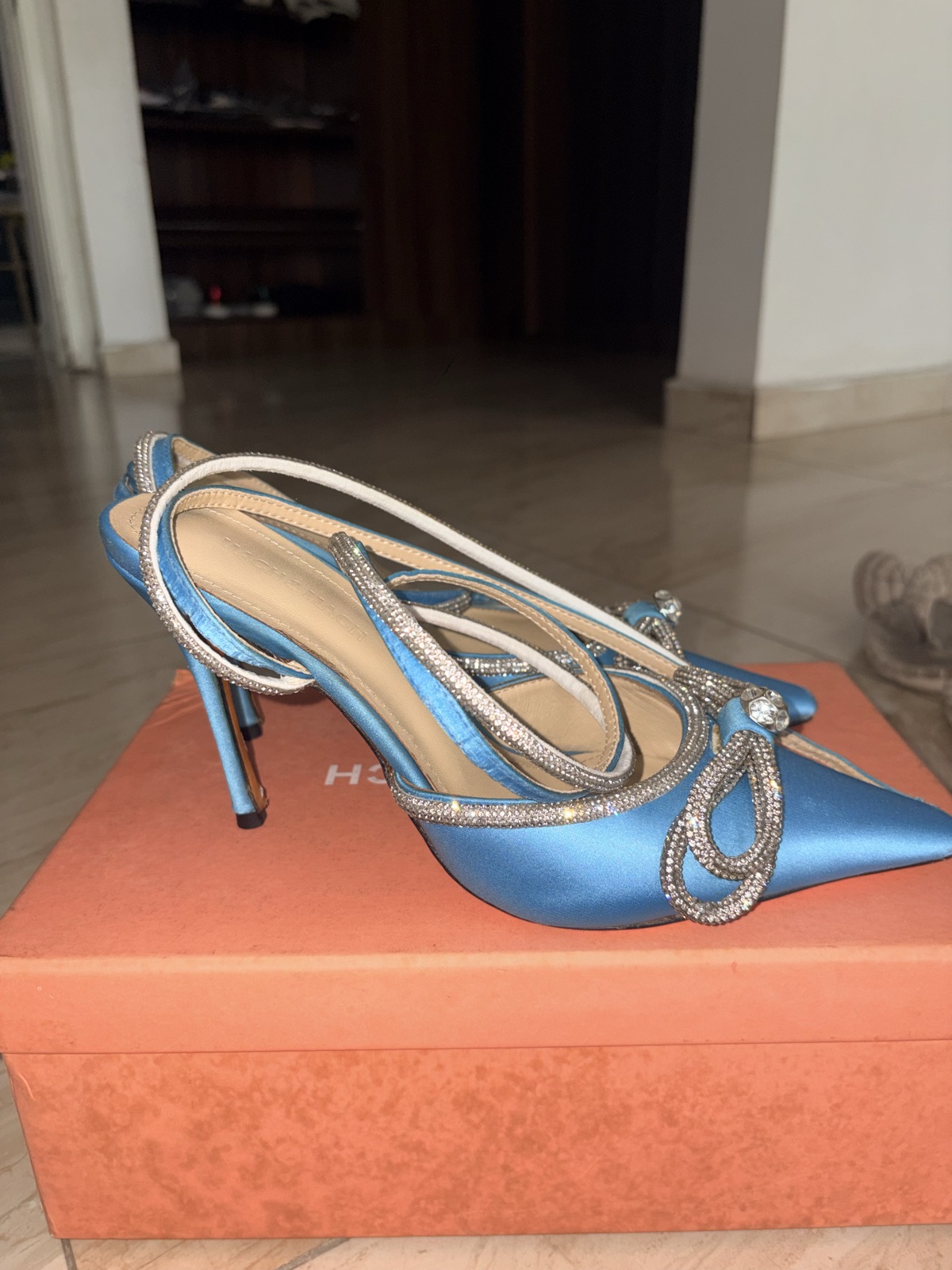 Blue Satin Crystal Embellished Stiletto Heels