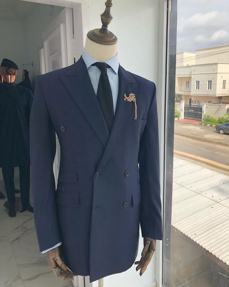 Deji and Kola A Navy Blue Peak lapel double-breasted Suit With Gold Detailing