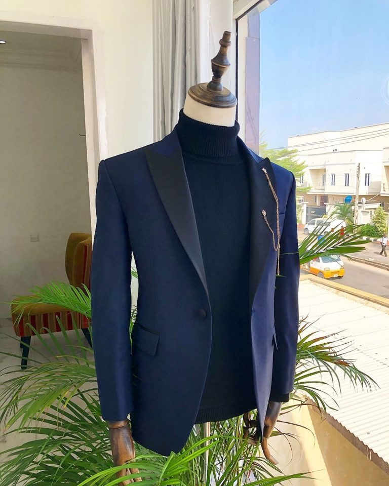 Deji and Kola A Navy Blue Peak lapel Tuxedo suit