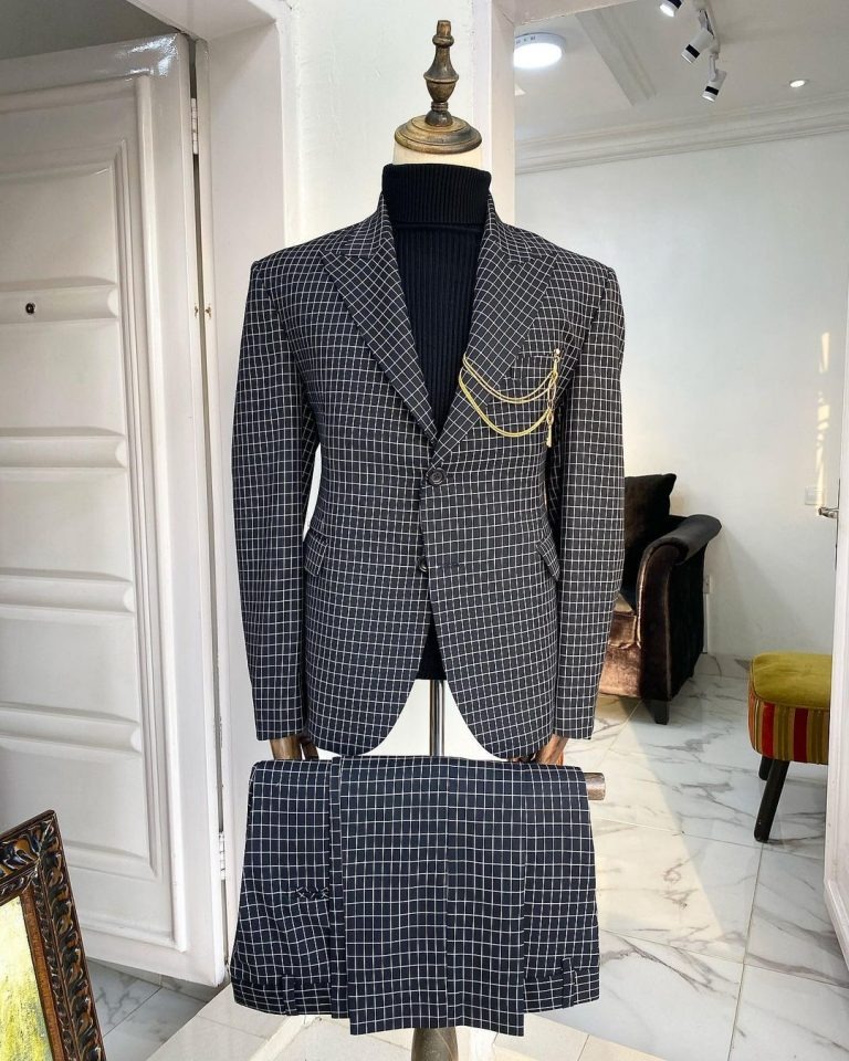 A Charcoal Black and ivory Check Peak Lapel Corporate Suit — photo 2