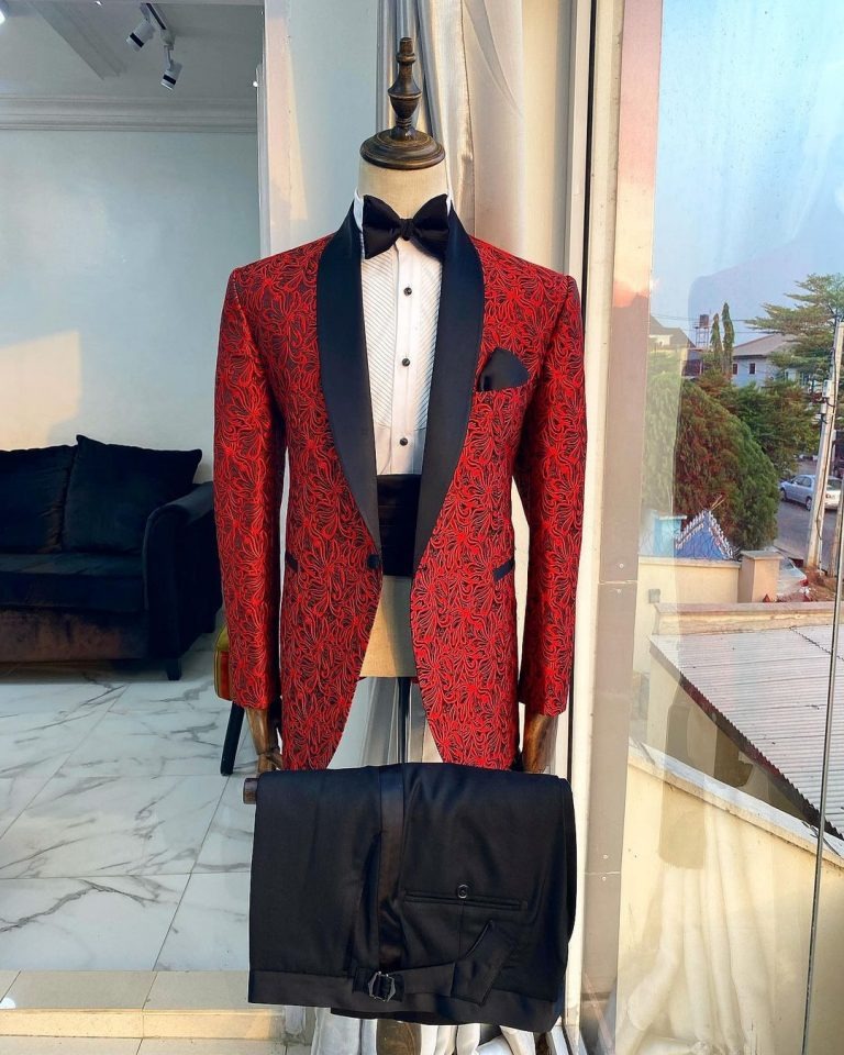 Deji and Kola A Red patterned jacquard Shawl lapel tuxedo suit