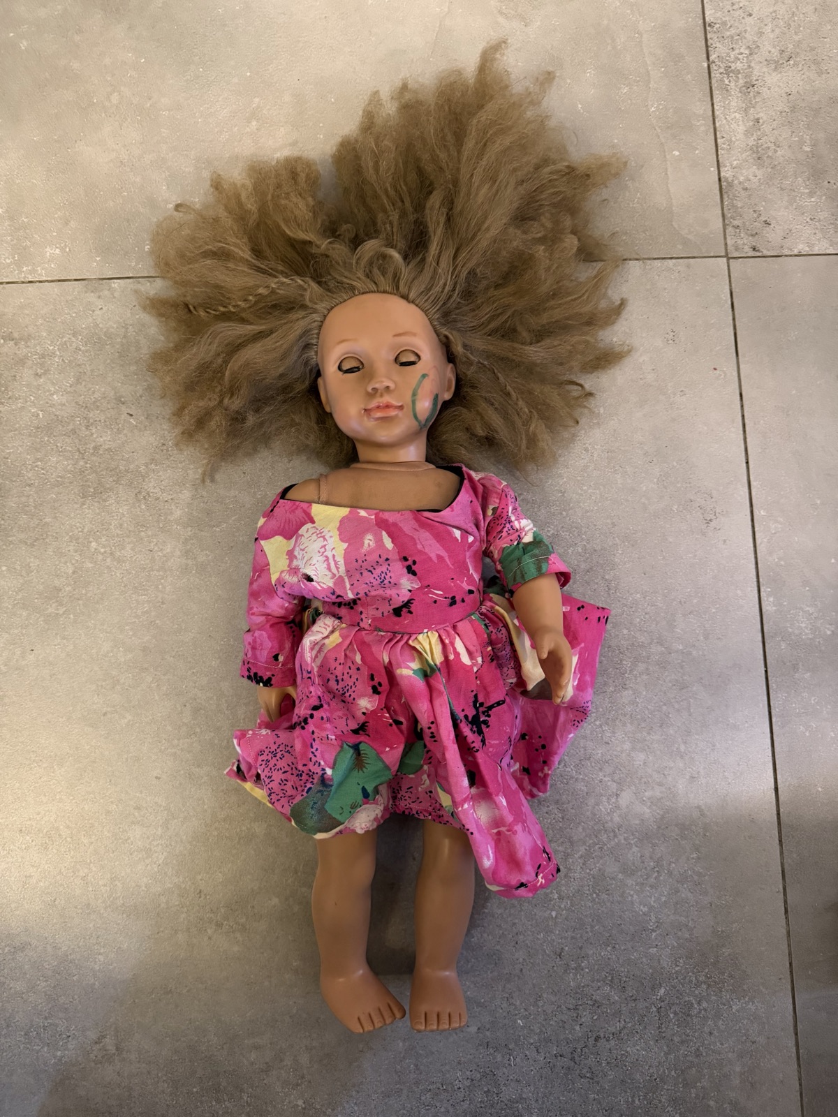 Doll with Big Curly Hair and Pink Floral Dress