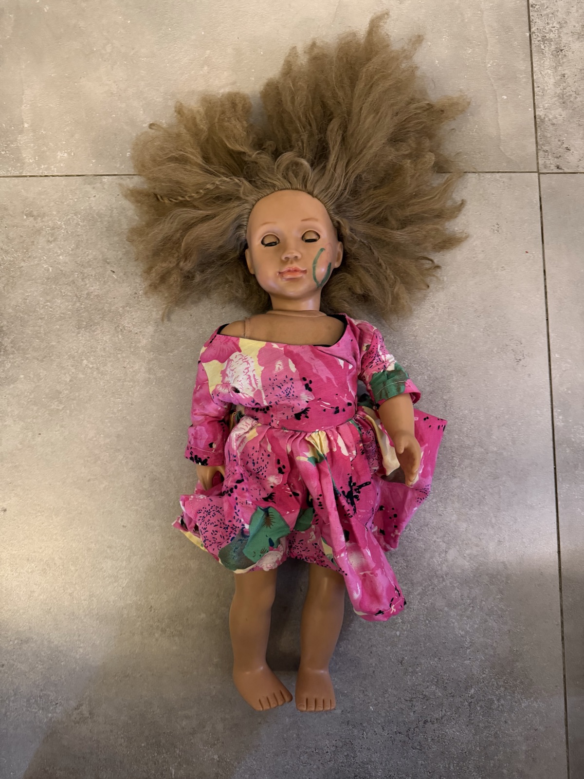 Doll with Big Curly Hair and Pink Floral Dress