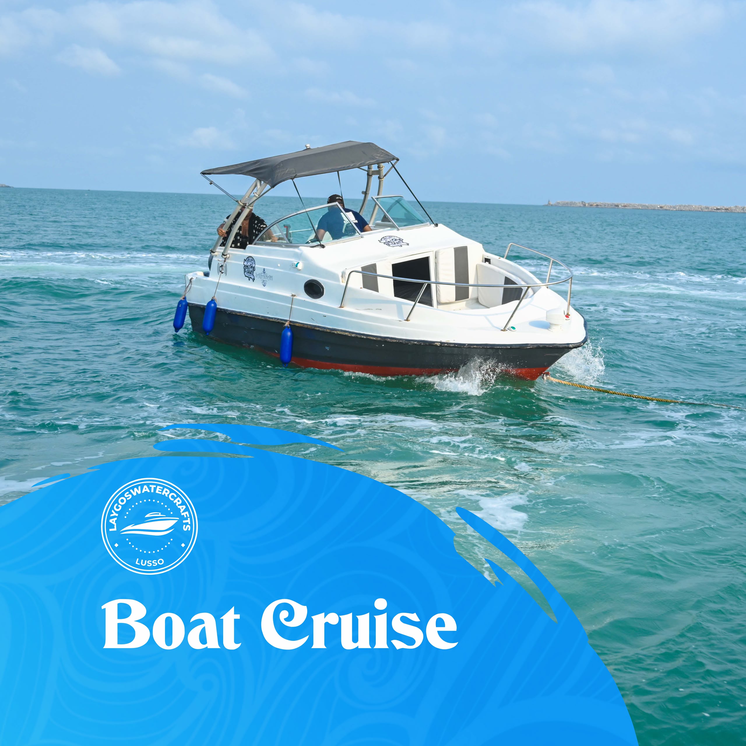 Speed Boat for Rent, White with Blue Fenders