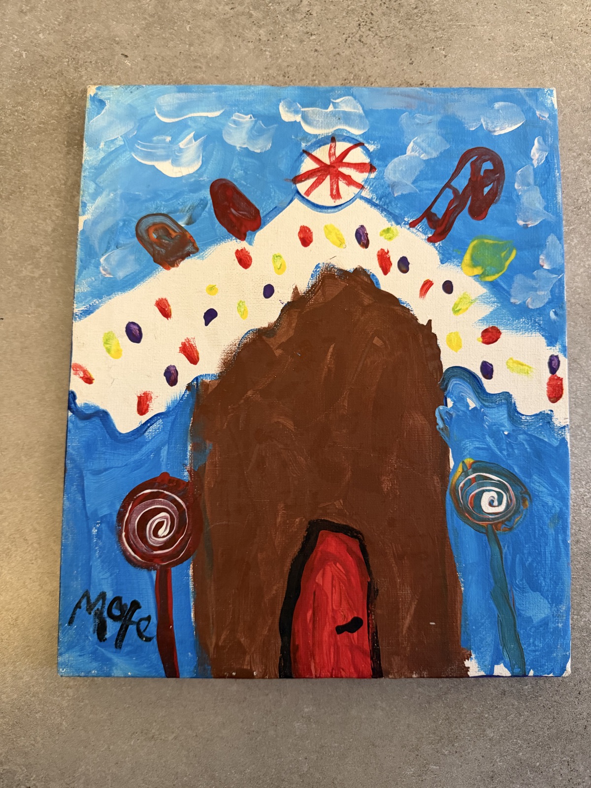 Handmade Gingerbread House Painting, Blue Sky Background