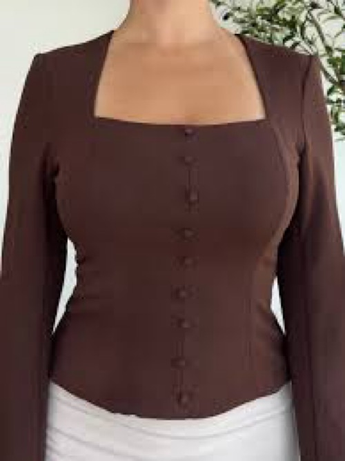Women's Brown Square Neck Button-Up Top